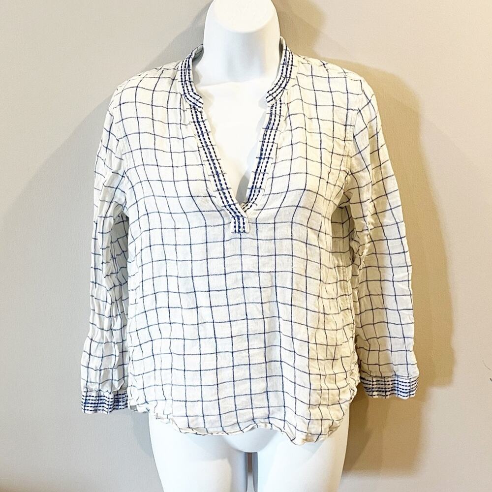 Faherty Windowpane Popover Blouse V-Neck Long Sleeve Blue and White Size XS